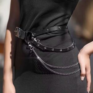Chic Black Belt with Silver Chains